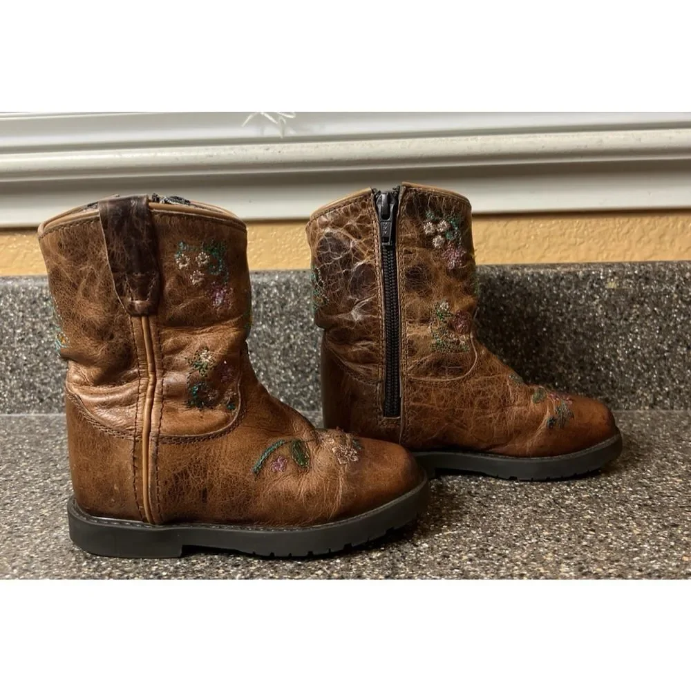Shyanne Toddler Little Girls Sz 7D Knee High Brown Leather Embroidered Zip Boots